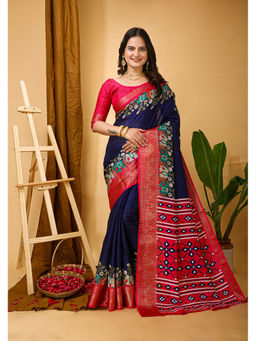 Anjaneya Sarees - Women Navy Blue Woven Saree with Unstitched