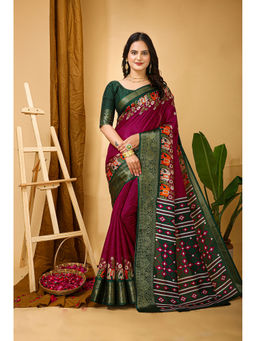 Anjaneya Sarees - Women Wine Woven Saree with Unstitched