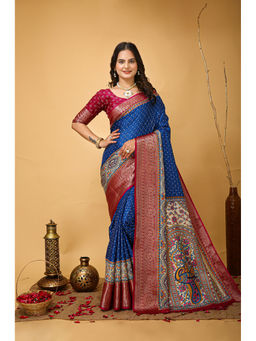Anjaneya Sarees - Women Navy Blue Woven Saree with Unstitched