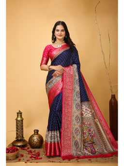 Anjaneya Sarees - Women Navy Blue Woven Saree with Unstitched