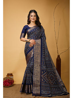 Anjaneya Sarees - Women Navy Blue Woven Saree with Unstitched