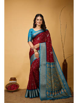 Anjaneya Sarees - Women Maroon Woven Saree with Unstitched