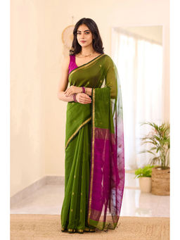 Anjaneya Sarees - Women Olive Woven Saree with Unstitched
