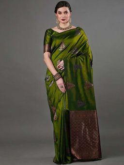 Anjaneya Sarees - Women Olive Woven Saree with Unstitched
