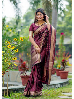 Anjaneya Sarees - Women Wine Woven Saree with Unstitched
