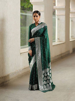 Anjaneya Sarees - Women Green Woven Saree with Unstitched
