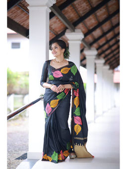 Anjaneya Sarees - Women Black Woven Saree with Unstitched