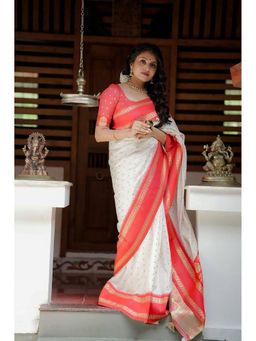 Anjaneya Sarees - Women White Woven Saree with Unstitched