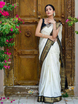 Anjaneya Sarees - Women White Woven Saree with Unstitched