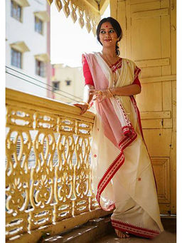 Anjaneya Sarees - Women White Woven Saree with Unstitched