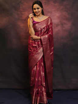 Anjaneya Sarees - Women Maroon Woven Saree with Unstitched