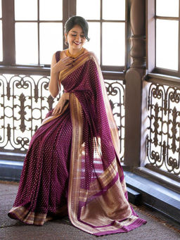 Anjaneya Sarees - Women Maroon Woven Saree with Unstitched