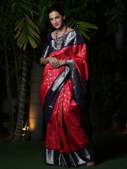 Anjaneya Sarees - Women Red Woven Saree with Unstitched