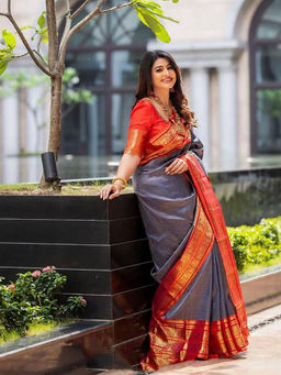Anjaneya Sarees - Women Grey Woven Saree with Unstitched