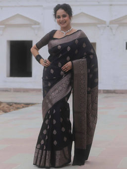 Anjaneya Sarees - Women Black Woven Saree with Unstitched