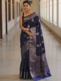Anjaneya Sarees - Women Navy Blue Woven Saree with Unstitched