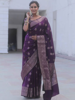 Anjaneya Sarees - Women Purple Woven Saree with Unstitched