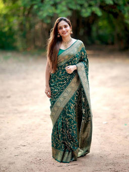 Anjaneya Sarees - Women Green Woven Saree with Unstitched