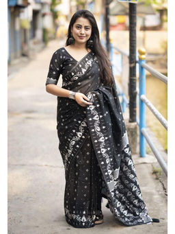 Anjaneya Sarees - Women Black Printed Saree with Unstitched