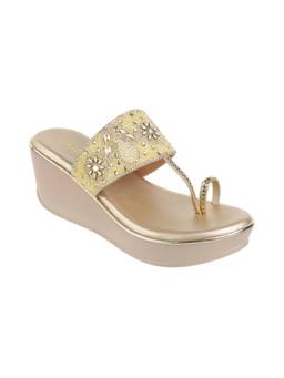 LAZERA SHOES - Women Gold Synthetic Platform Kolhapuris