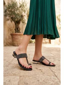 LAZERA SHOES - Kolhapuris for Women Stylish Rhinestone Toe Loop Black