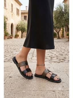 LAZERA SHOES - Black Flats for Women Stylish Open Back Dual Ring Strap