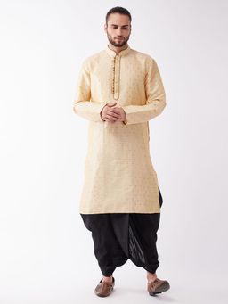Vastramay - Mens Beige & Black Silk Blend Kurta with Dhoti (Set of 2)