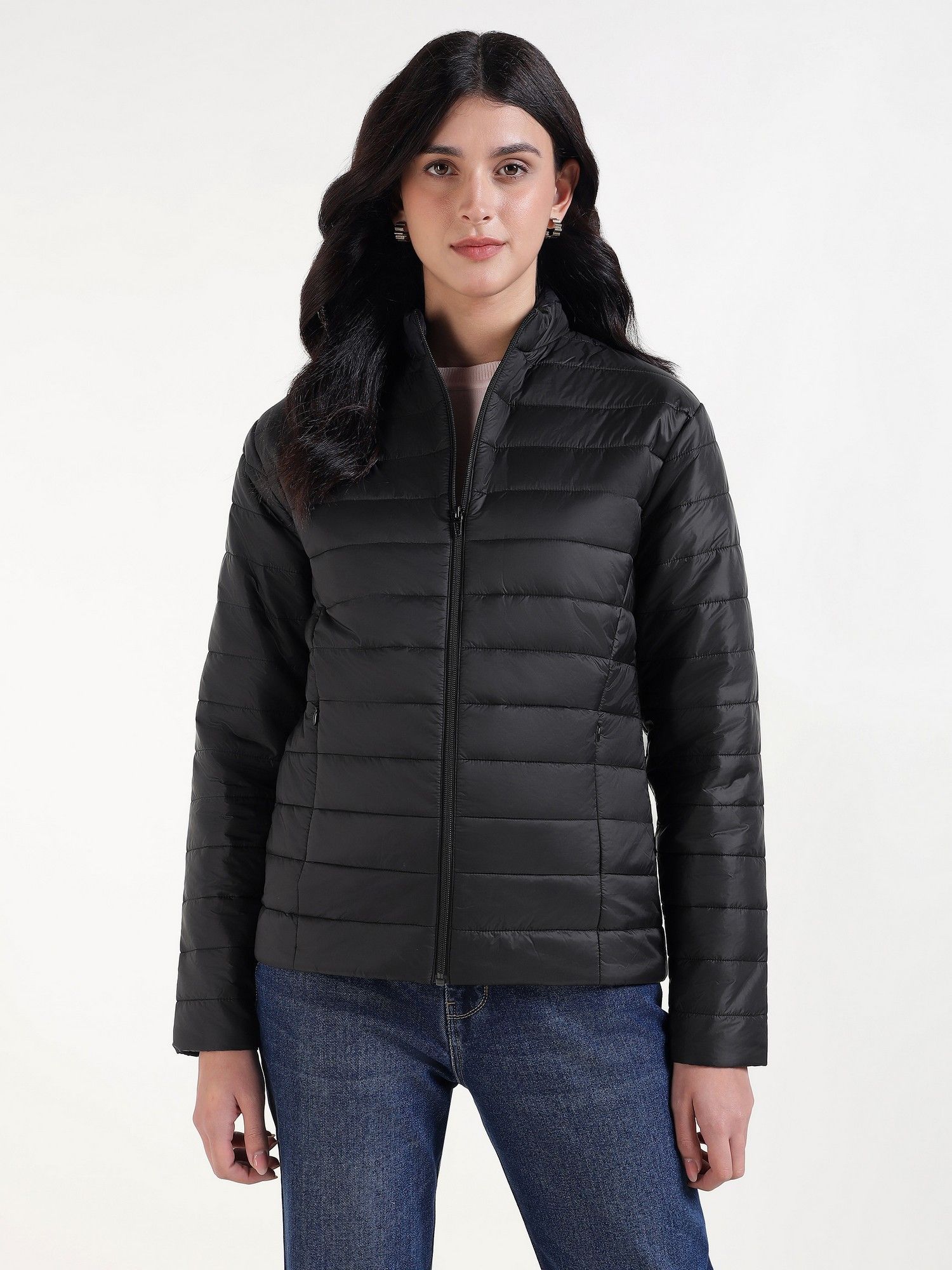 xpose Women Black High Neck Full Sleeves Quilted Jacket-picture-42
