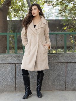 Mabish By Sonal Jain - Beige Long Fur With Notch Collar Coat