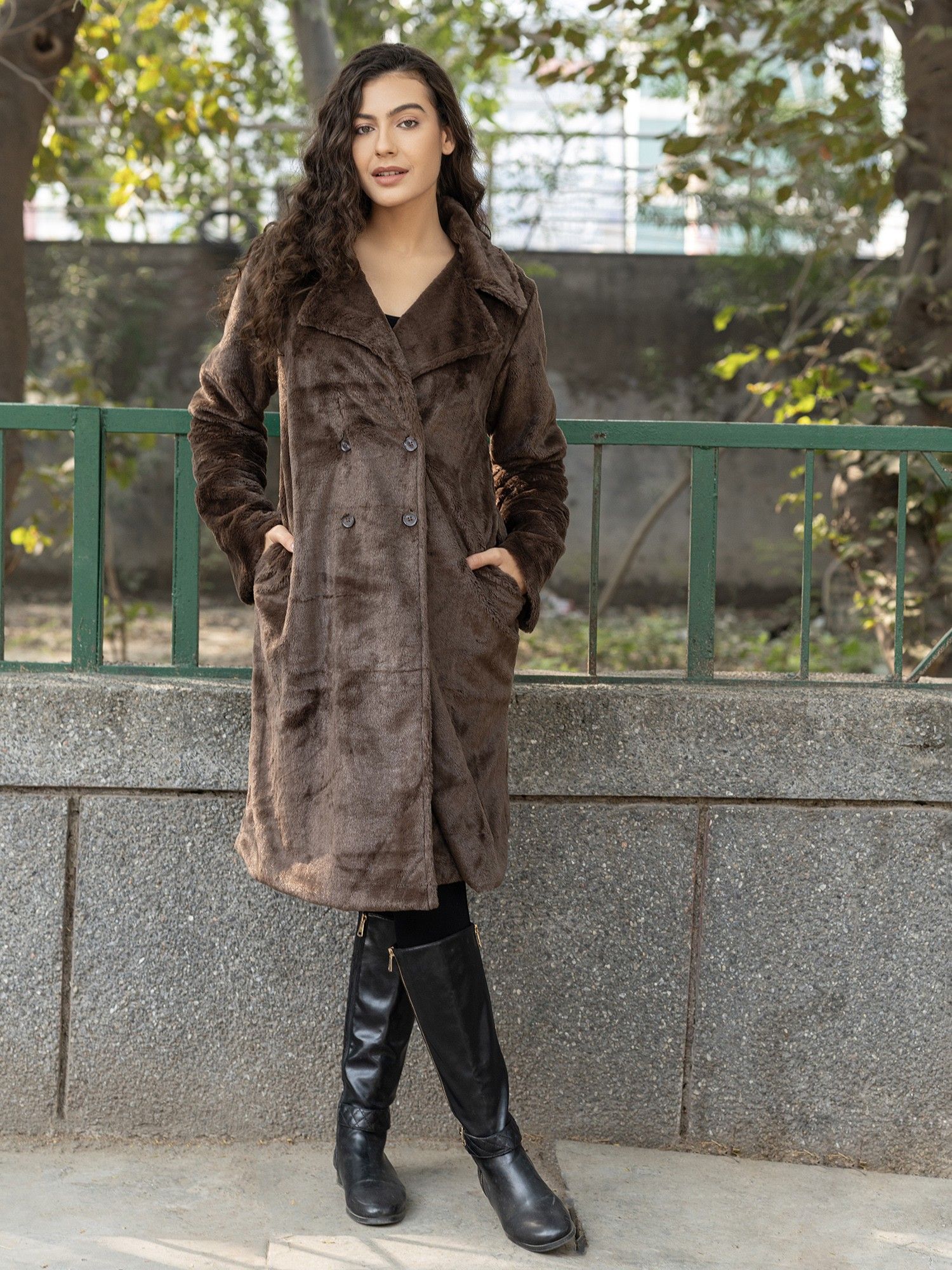 Brown Long Fur With Notch Collar Coat-picture-19