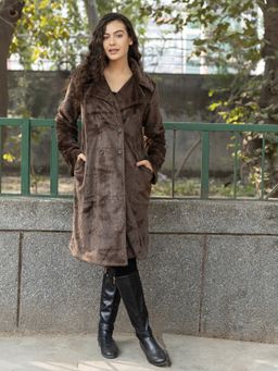 Mabish By Sonal Jain - Brown Long Fur With Notch Collar Coat
