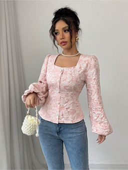 Outzidr - Pink Square Neck Button Down Top