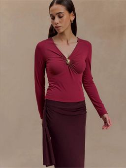 Outzidr - Red Full Sleeve Buckle Detail Top