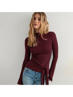 Outzidr - Maroon Full Sleeve Wrap Fitted Top