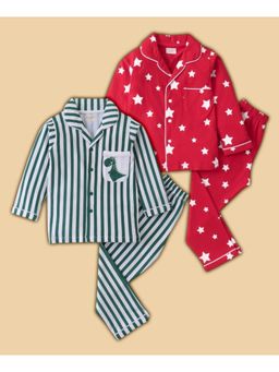 BLUSHES - Pack Of 2 Star & Star Printed Nightsuit- Navy Blue & Red (Set of 2)