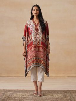 House of Chikankari - Womens Rust Crepe Chikankari Straight Short Kaftan