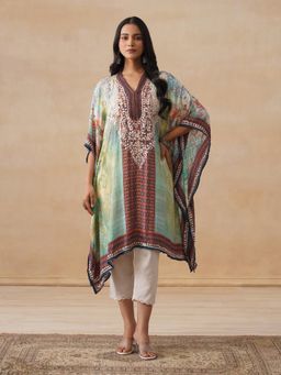 House of Chikankari - Womens Green Crepe Chikankari Straight Short Kaftan