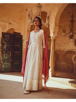 Karaj Jaipur - Womens Jashn Printed Anarkali Dress with Mirror Work Dupatta