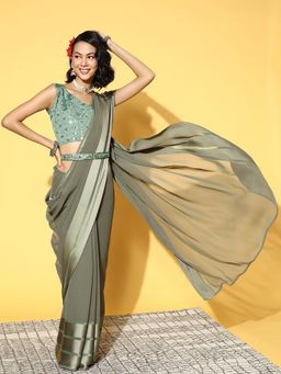 Akhilam - Womens Georgette Olive Solid Designer Saree with Unstitched Blouse