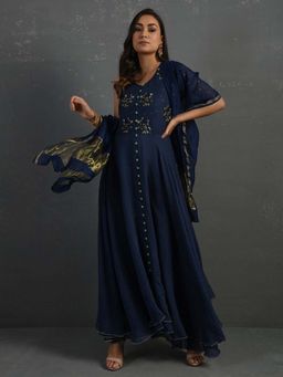Sonal Kabra - Women Indigo Chanderi A-Line Kurta