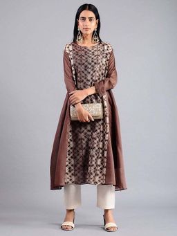 Sonal Kabra - Women Brown Cotton Silk A-Line Kurta With Slip