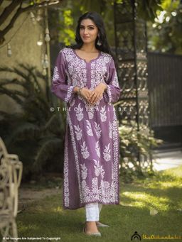 The Chikan Label - Aidah Modal Chikankari Straight Kurti - Mauve