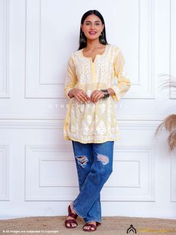 The Chikan Label - Yellow Qaima Mulmul Cotton Chikankari Short Top