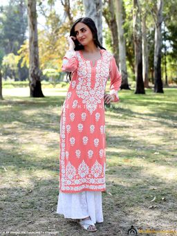The Chikan Label - Peach Sifar Modal Chikankari Straight Kurti
