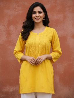 The Chikan Label - Yellow Cotton Chikankari Short Kurti