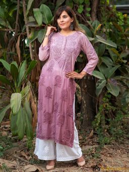 The Chikan Label - Ombre Mauve Gulaab Muslin Chikankari Straight Kurti