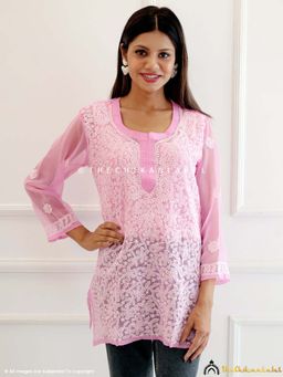 The Chikan Label - Pink Georgette Chikankari Short Jaal Kurti