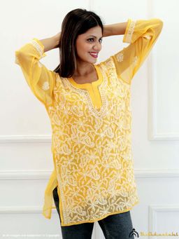 The Chikan Label - Yellow Georgette Chikankari Short Jaal Kurti