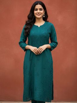 The Chikan Label - Teal Green Chanderi Chikankari Straight Kurti