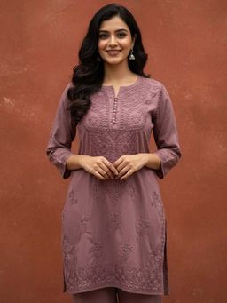 The Chikan Label - Choco Cotton Chikankari Short Kurti